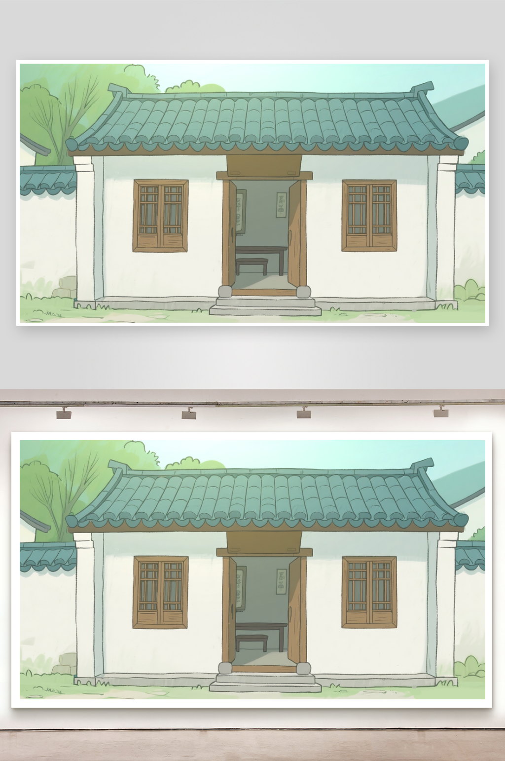 简笔画场景镇子小书院素材