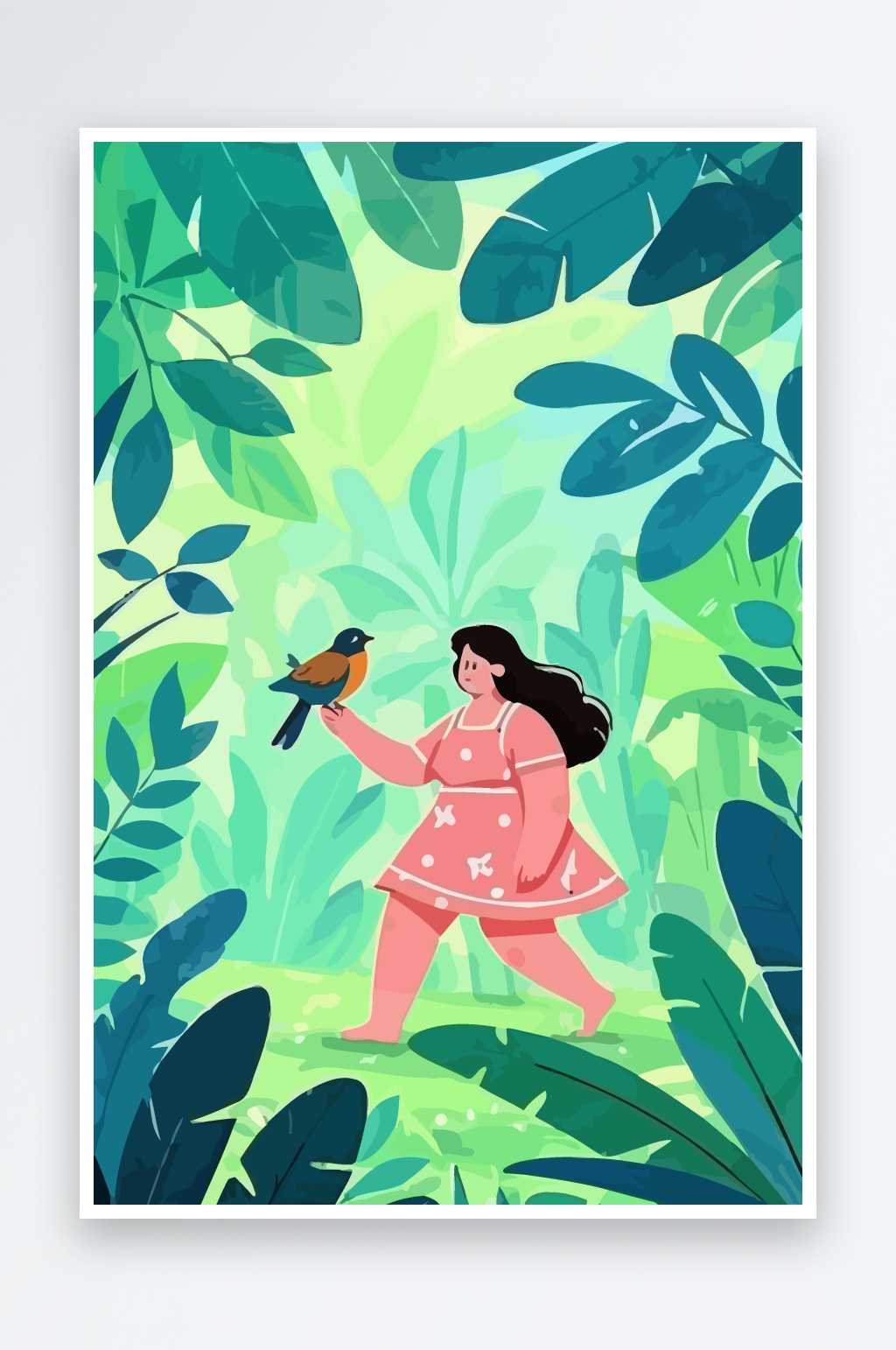 少女与飞鸟图标矢量插画图形元素素材