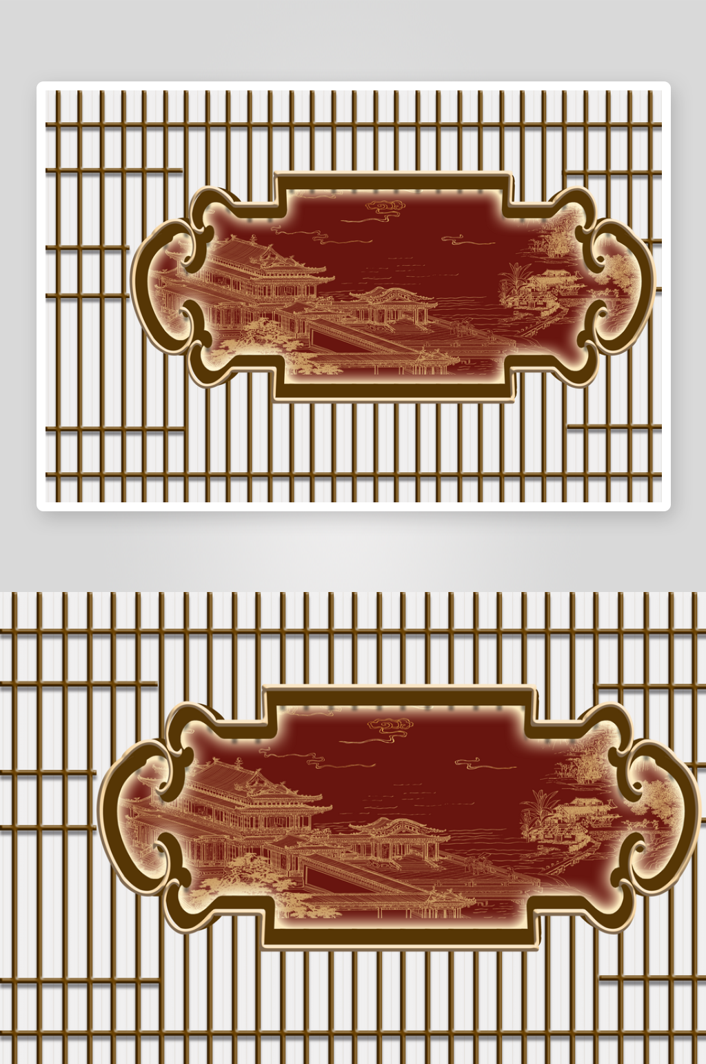 新中式线描山水格栅背景墙素材