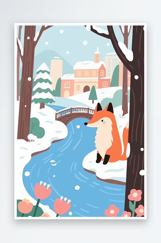 狐狸雪景图标插画元素-众图网