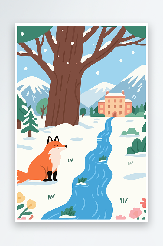 狐狸雪景图标插画元素-众图网