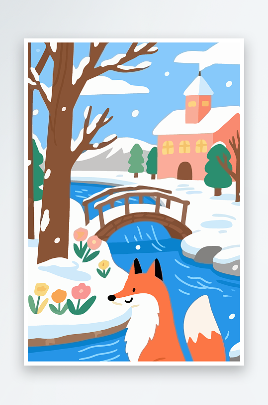 狐狸雪景图标插画元素-众图网