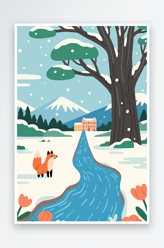 狐狸雪景图标插画元素-众图网