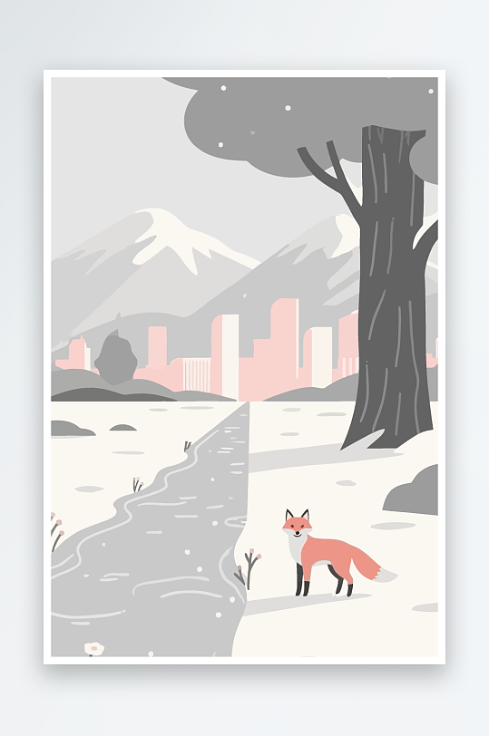 狐狸雪景图标插画元素-众图网