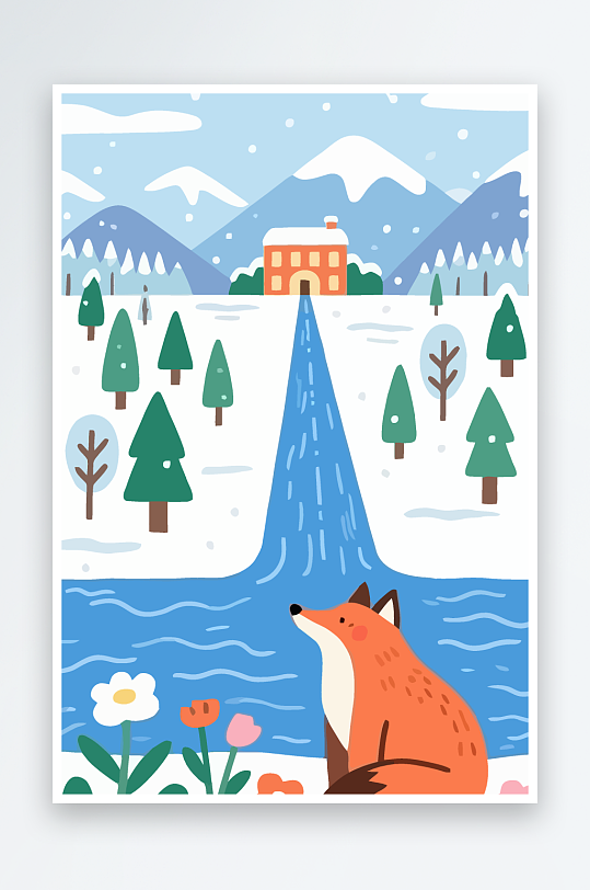 狐狸雪景图标插画元素-众图网