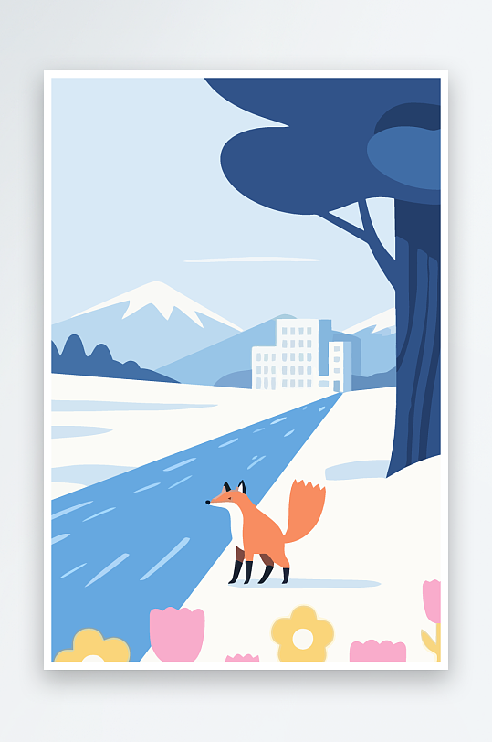 狐狸雪景图标插画-众图网