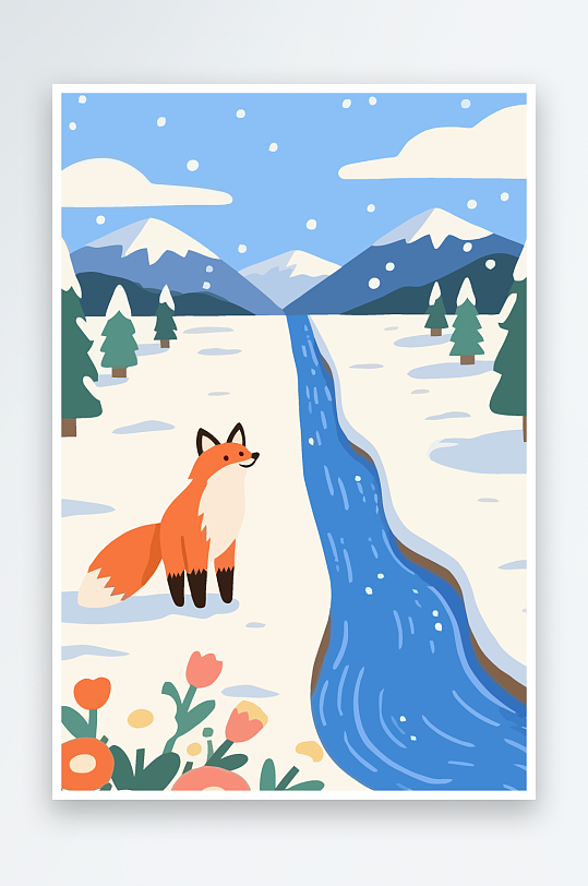 狐狸雪景图标插画-众图网