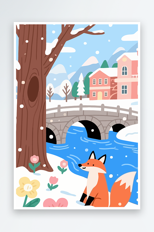 狐狸雪景图标插画-众图网