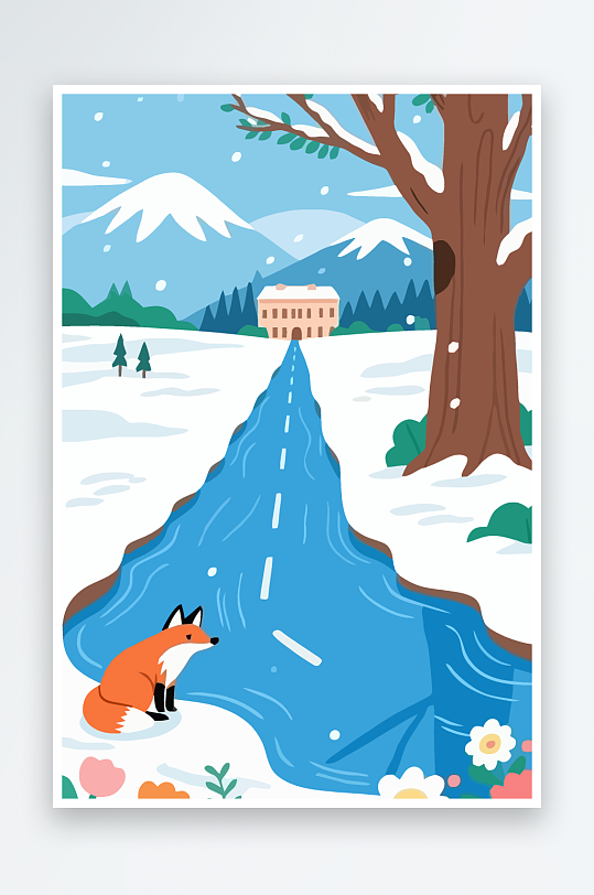 狐狸雪景图标插画-众图网