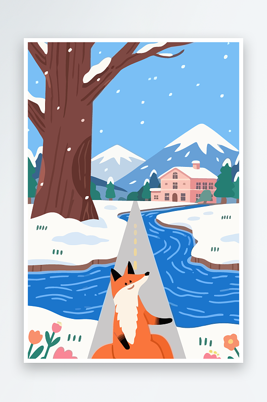 狐狸雪景图标插画-众图网