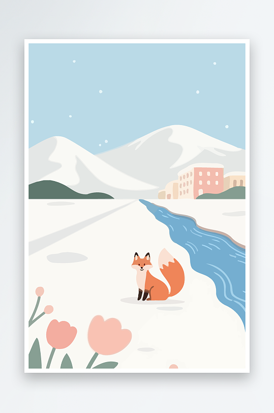 狐狸雪景图标插画-众图网