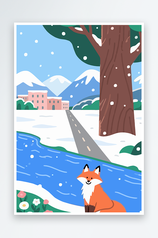 狐狸雪景图标插画-众图网