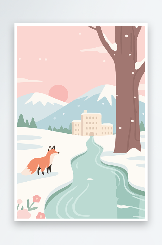 狐狸雪景图标插画-众图网