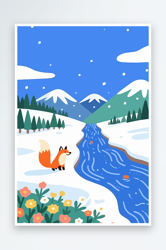 狐狸雪景图标插画-众图网