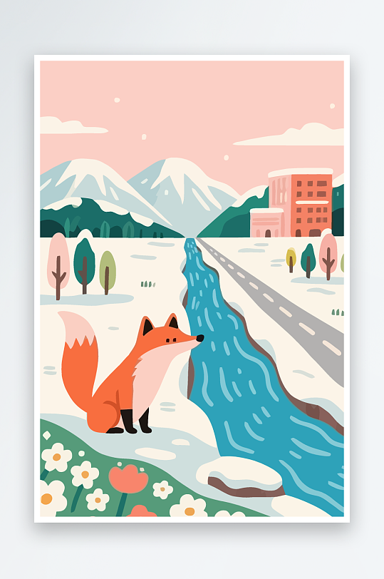 狐狸雪景图标插画元素-众图网