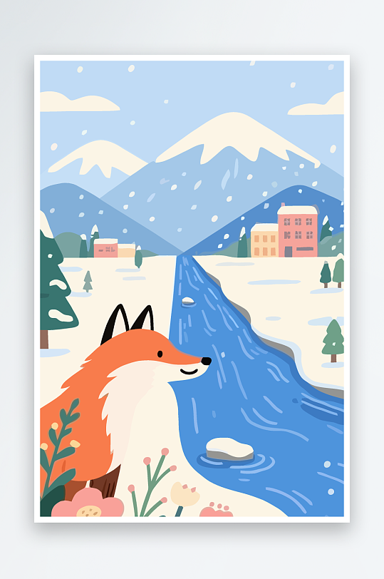 狐狸雪景图标插画元素-众图网