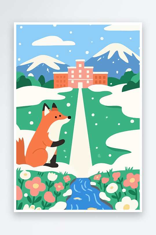 狐狸雪景图标插画元素-众图网