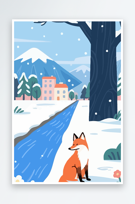狐狸雪景图标插画元素-众图网