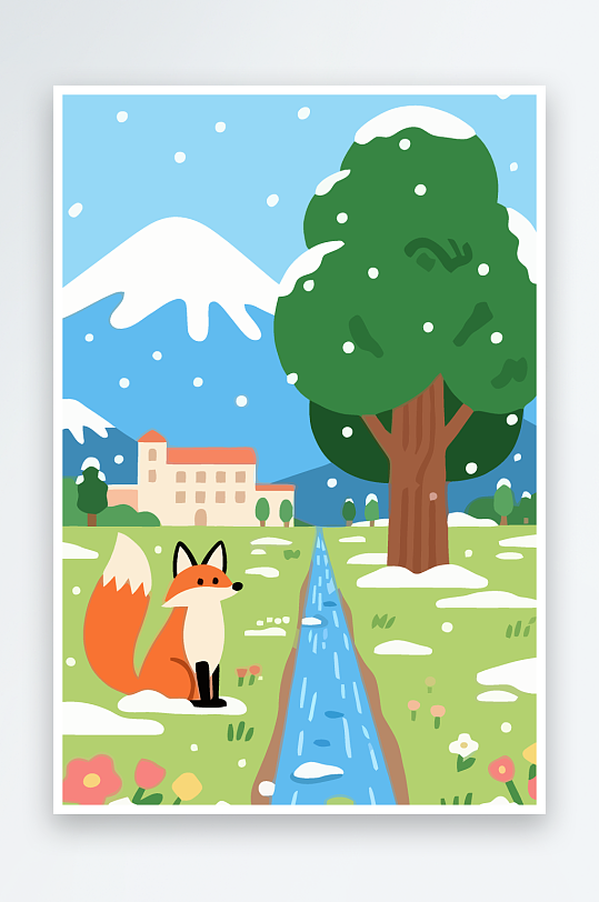 狐狸雪景图标插画元素-众图网