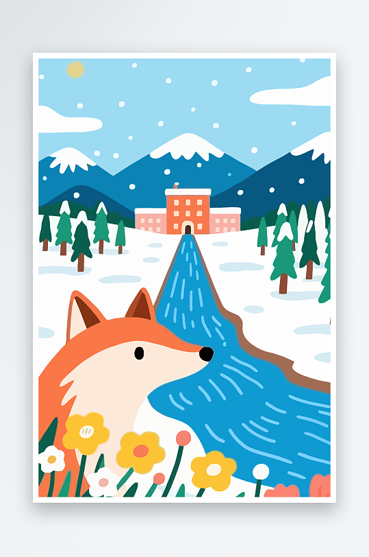 狐狸雪景图标插画元素-众图网