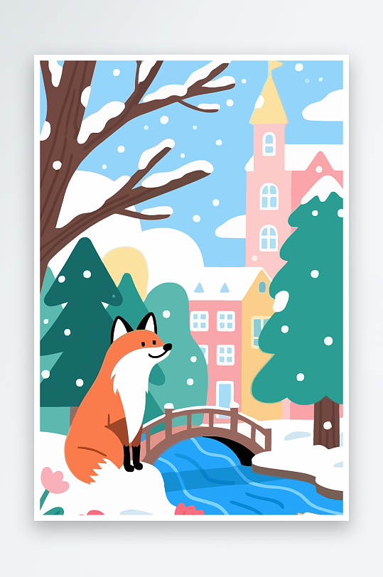 狐狸雪景图标插画元素-众图网