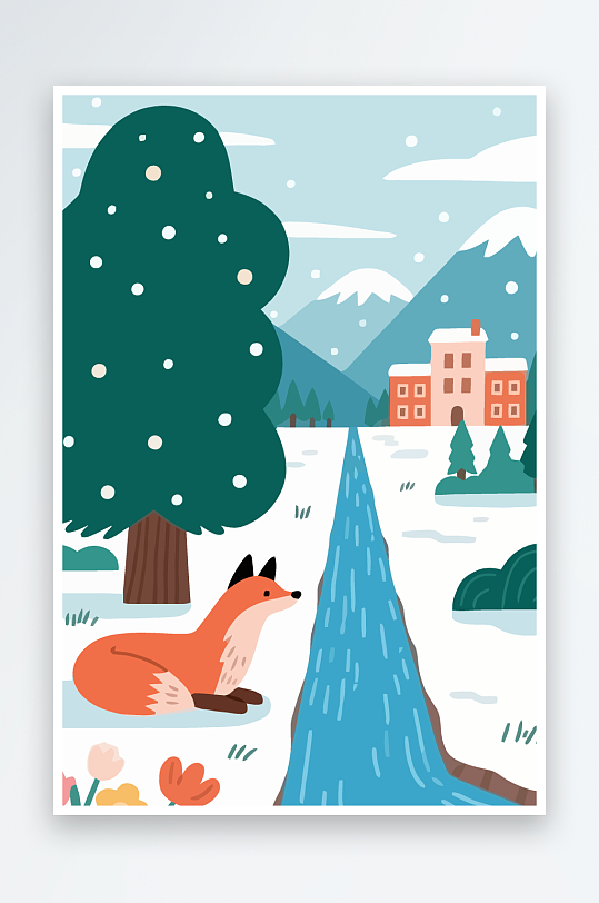 狐狸雪景图标插画-众图网