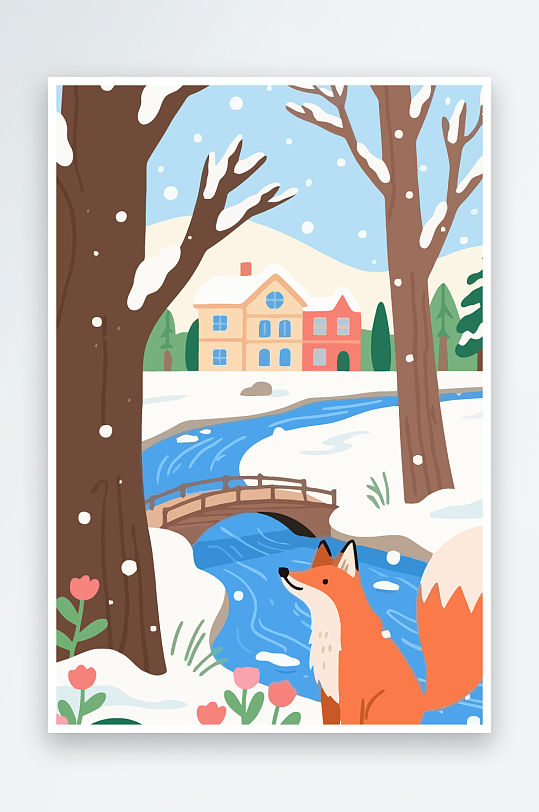 狐狸雪景图标插画-众图网