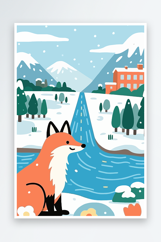 狐狸雪景图标插画-众图网
