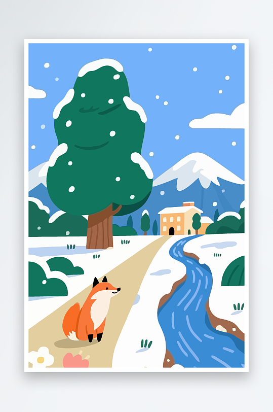 狐狸雪景图标插画-众图网