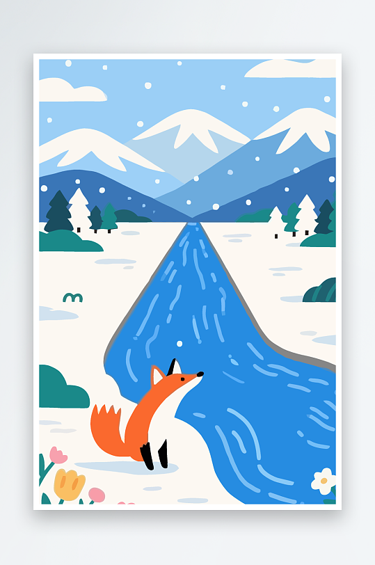 狐狸雪景图标插画元素-众图网