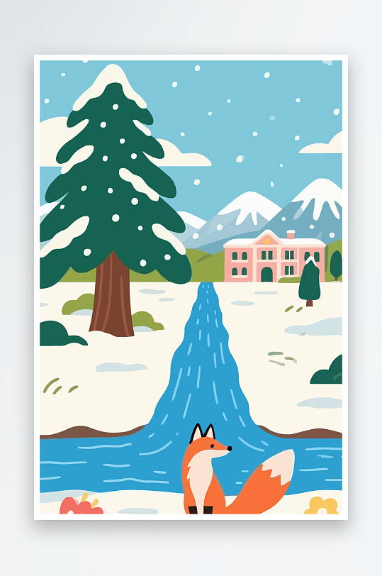 狐狸雪景图标插画元素-众图网