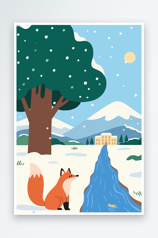 狐狸雪景图标插画元素-众图网