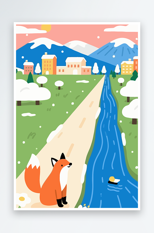 狐狸雪景图标插画元素-众图网