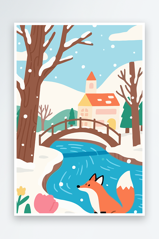 狐狸雪景图标插画元素-众图网