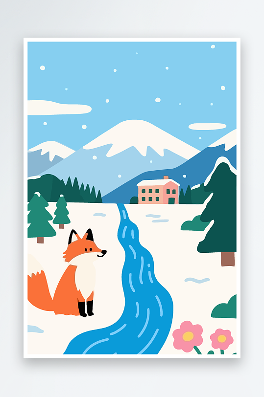 狐狸雪景图标插画元素-众图网
