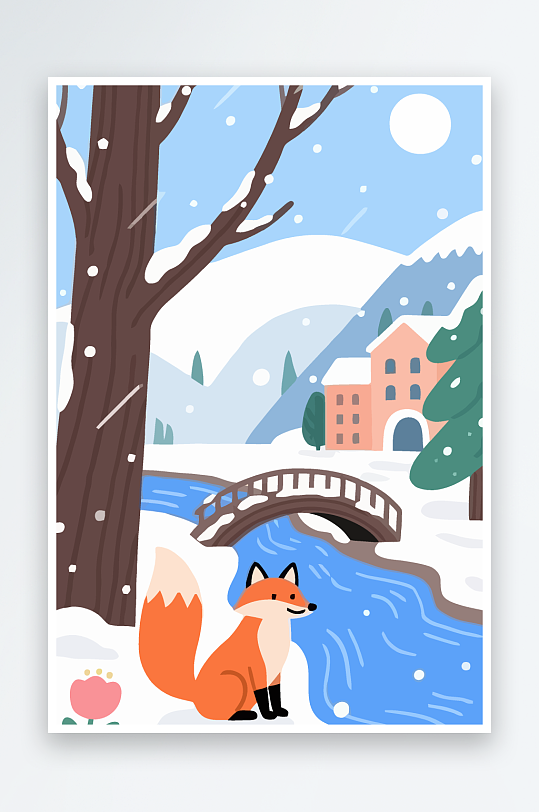 狐狸雪景图标插画元素-众图网