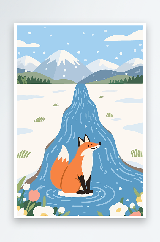 狐狸雪景图标插画元素-众图网