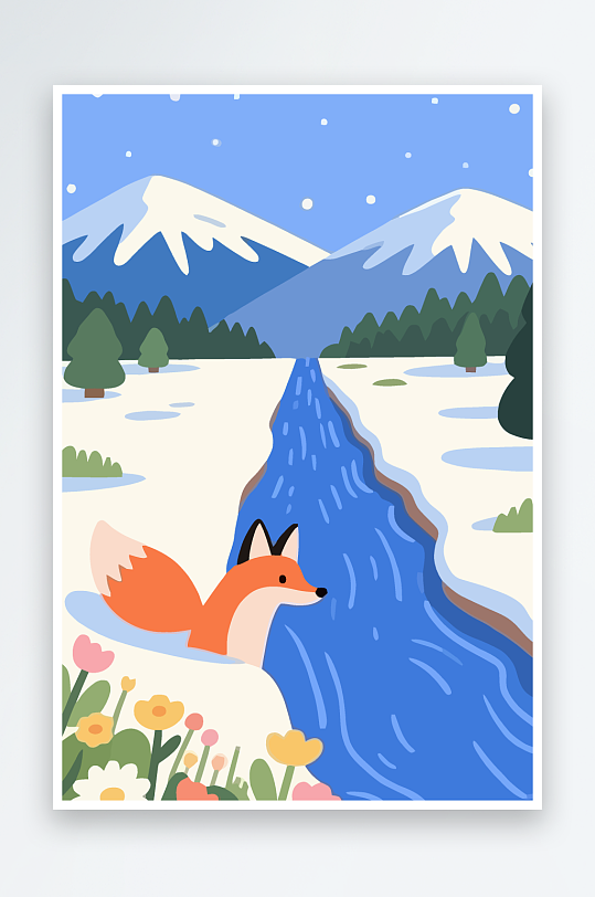 狐狸雪景图标插画元素-众图网