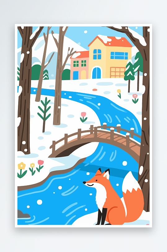狐狸雪景图标插画-众图网