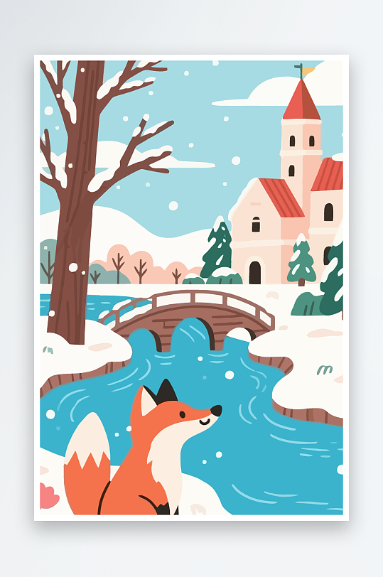 狐狸雪景图标插画-众图网
