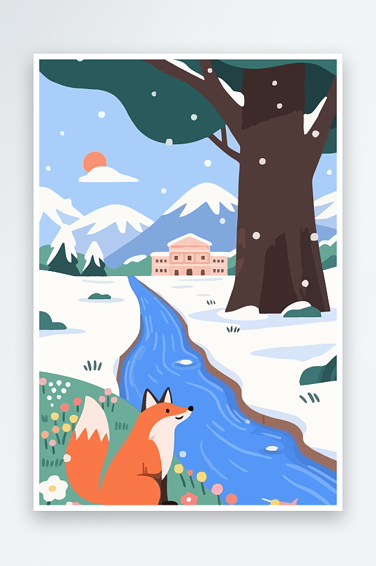 狐狸雪景图标插画-众图网