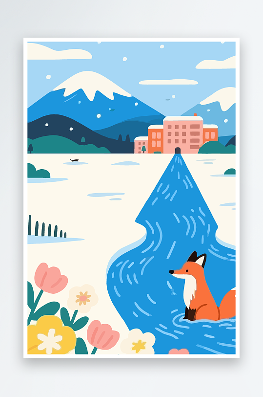 狐狸雪景图标插画-众图网