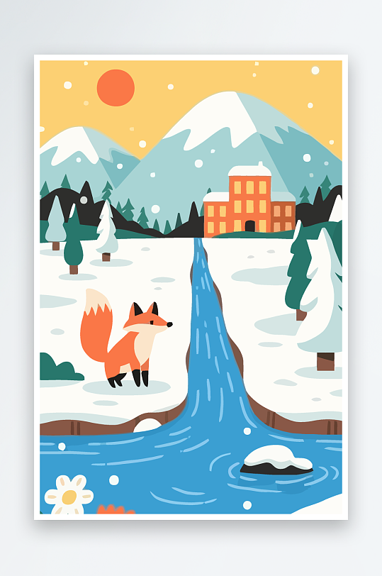 狐狸雪景图标插画-众图网