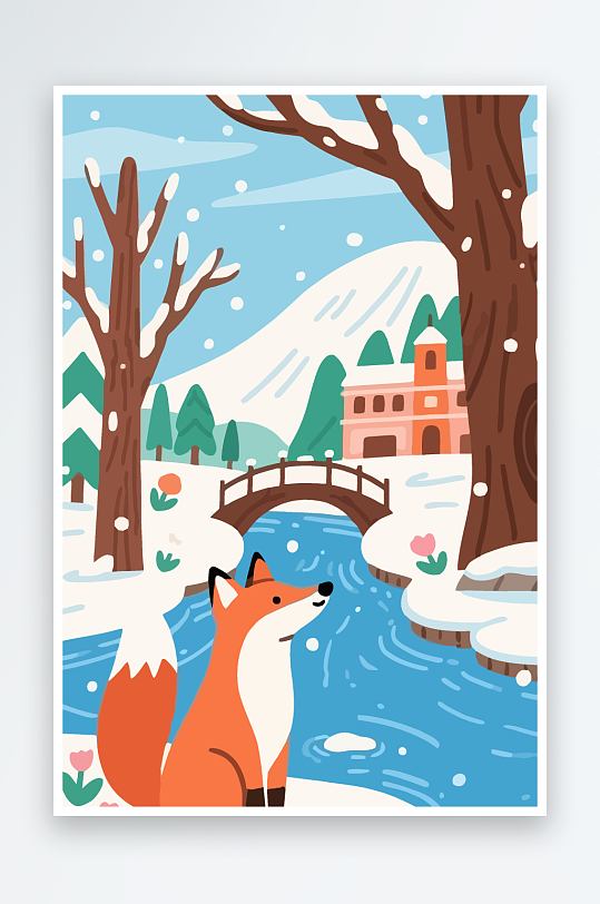 狐狸雪景图标插画元素-众图网