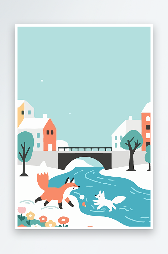 狐狸雪景图标插画元素-众图网