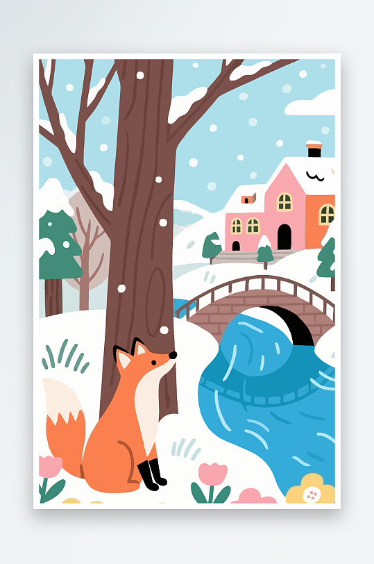 狐狸雪景图标插画元素-众图网