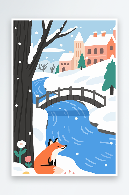 狐狸雪景图标插画元素-众图网