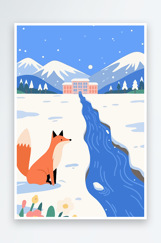 狐狸雪景图标插画元素-众图网