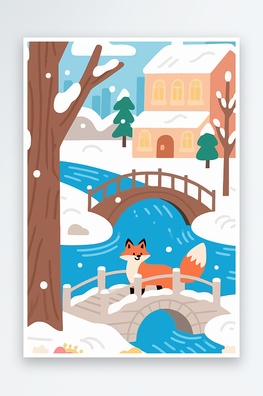 狐狸雪景图标插画元素-众图网