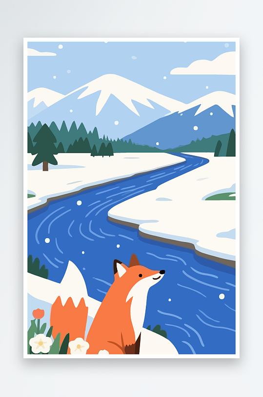 狐狸雪景图标插画元素-众图网